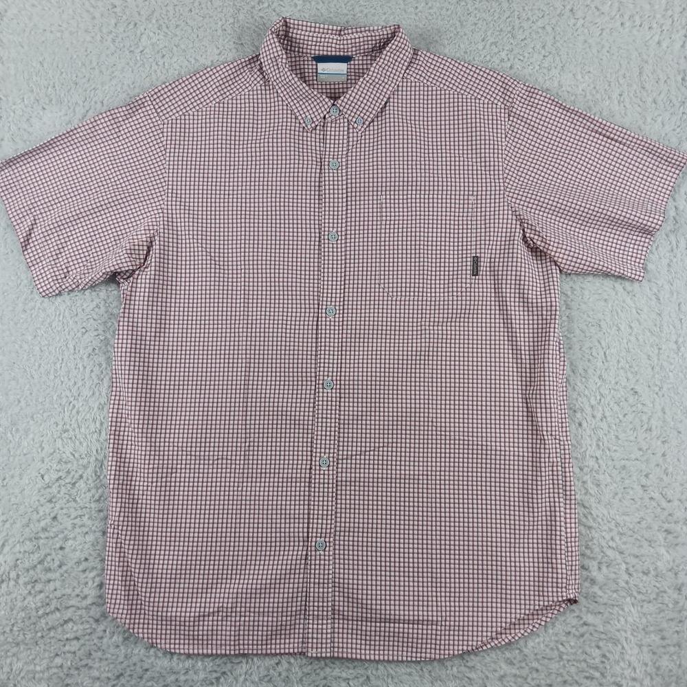Columbia Mens‎ Large Plaid Short Sleeve Button Down Shirt Red White Blue AM9132